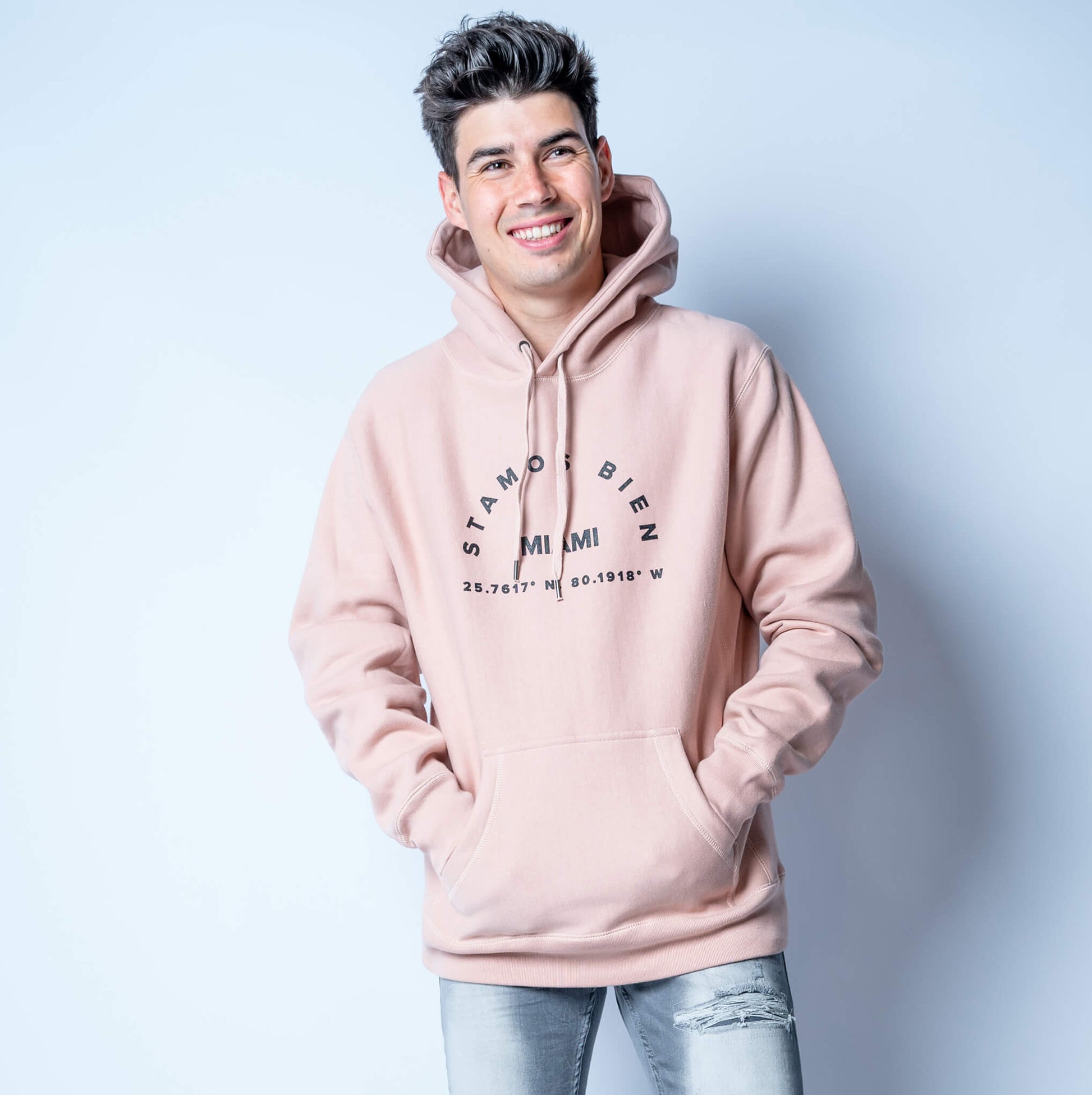 Dusty Pink heavy hoodie with Miami inspire design made of 70% cotton and 30% polyester.
