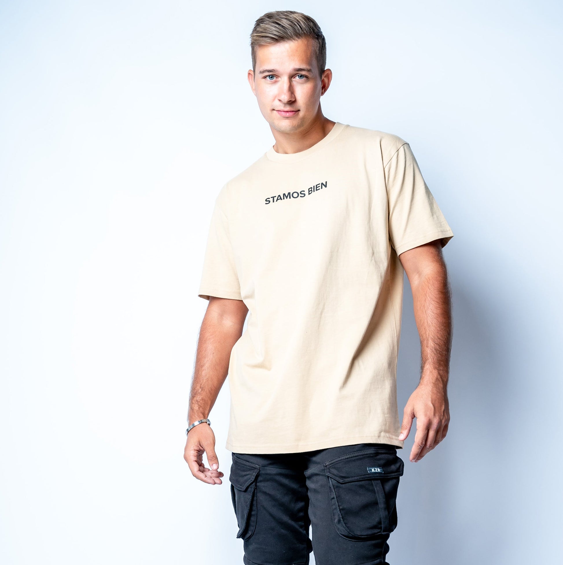 Stamos Bien's new premium, 100% cotton, unisex , Tan heavy t-shirt.