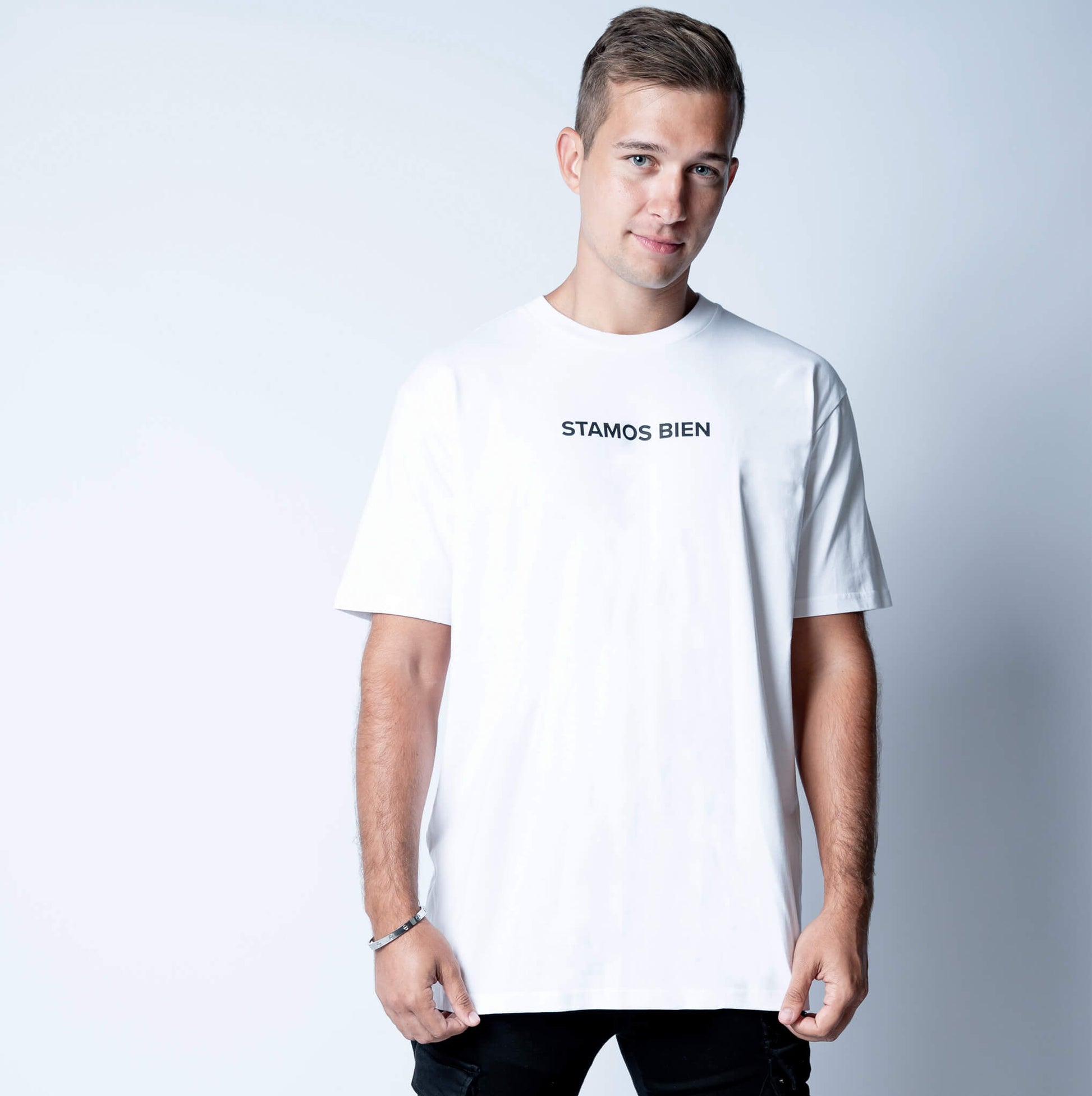Stamos Bien's new premium, 100% cotton, unisex , white heavy t-shirt.